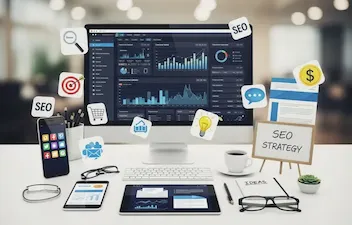 A computer and a tablet are placed on a desk, surrounded by office supplies. The screen displays text related to SEO strategy.