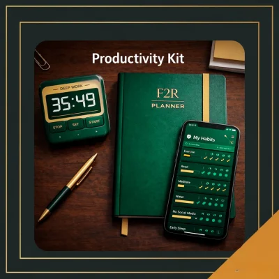 A productivity kit featuring a timer, green planner, and smartphone displaying habit tracking, set on a wooden surface.
