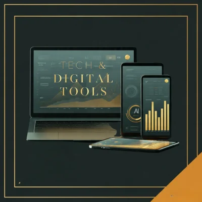 A laptop, tablet, and smartphone display digital dashboards with graphs and data, accompanied by the text "Tech & Digital Tools" on the laptop screen.