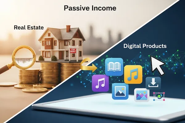 A split image showing real estate investments with a house and coins on one side, and digital products represented by icons on a tablet on the other.