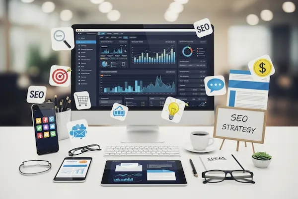 A modern office desk with a computer displaying SEO analytics, mobile devices, coffee, and other strategic planning tools.