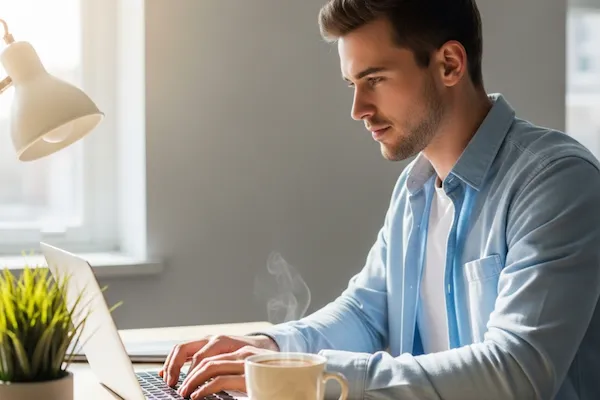 A freelance typing on a laptop at a wooden desk, with a steaming cup of coffee and a green plant nearby.