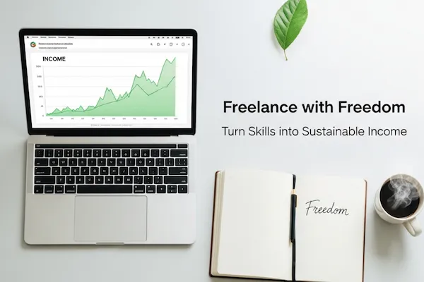A laptop displays a rising income graph, with a notebook titled "Freedom" and a coffee cup, symbolizing freelance independence.