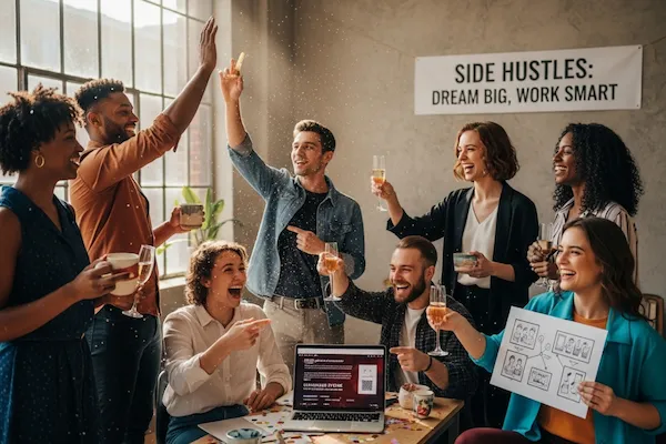 A diverse group of people celebrating with drinks, surrounded by decor and a laptop displaying project plans, under a motivational banner.
