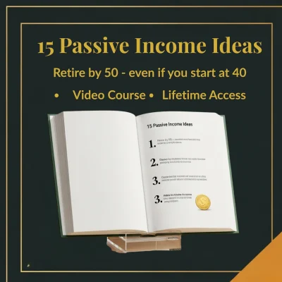 Open book displaying "15 Passive Income Ideas" with a gold coin symbol, promoting a video course and lifetime access for financial independence.