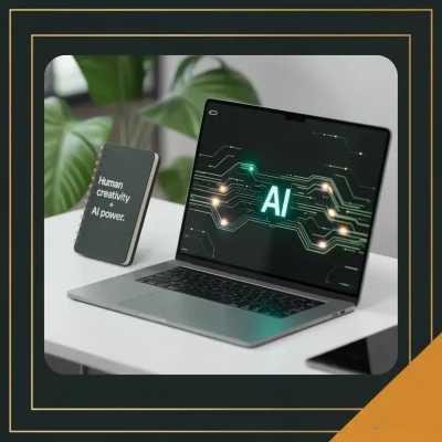 A laptop displays "AI" on its screen with a circuit design, beside a notebook labeled "Human creativity + AI power," and green plant leaves.
