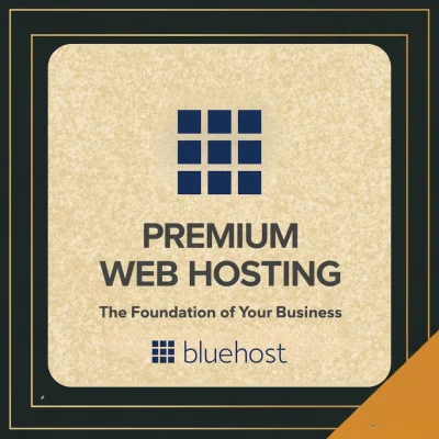 Promotional graphic for Bluehost featuring "Premium Web Hosting" and the tagline "The Foundation of Your Business" with a modern design.