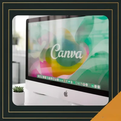 A modern iMac displays the Canva logo with colorful abstract designs in the background, alongside a small potted plant on a desk.