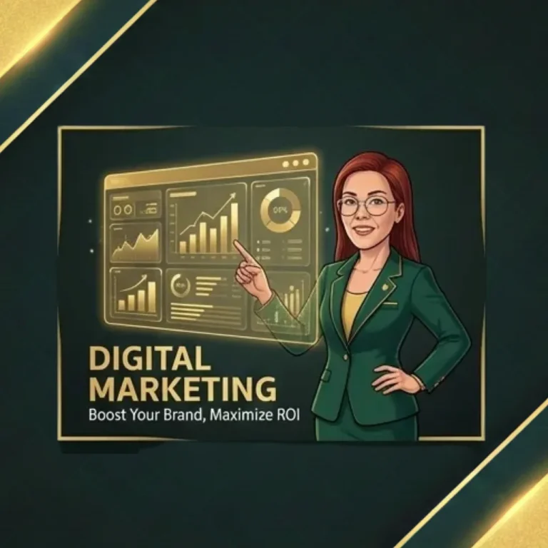A professional woman in a green blazer pointing at a digital marketing dashboard with charts and graphs. Text reads "DIGITAL MARKETING: Boost Your Brand, Maximize ROI."