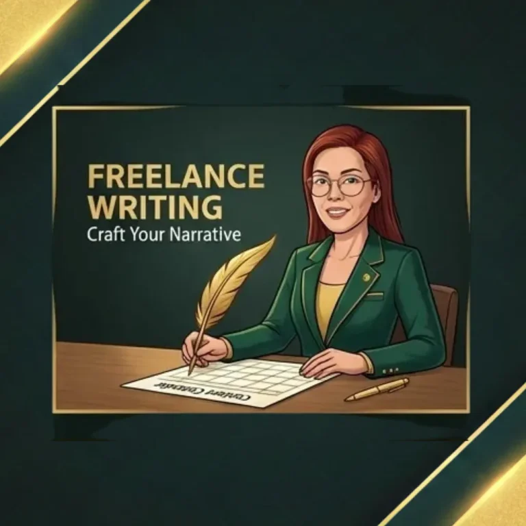 A person in a green blazer holding a quill pen over a writing paper, with the text "Freelance Writing" and "Craft Your Narrative."