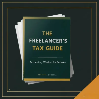A dark green book titled "The Freelancer's Tax Guide" with the subtitle "Accounting Wisdom for Retirees," surrounded by white pages.