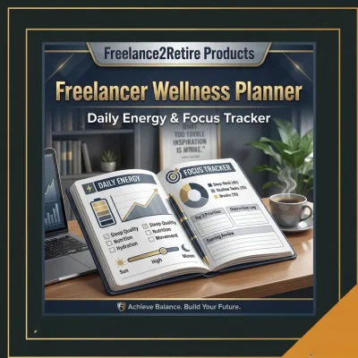 Image of a Freelancer Wellness Planner open to pages tracking daily energy and focus, with charts and notes beside a laptop and coffee.