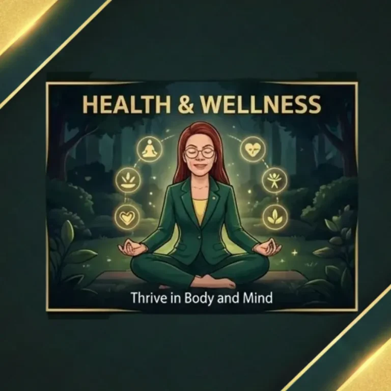 A person meditating amidst a lush forest, surrounded by wellness symbols, promoting health and mindfulness.