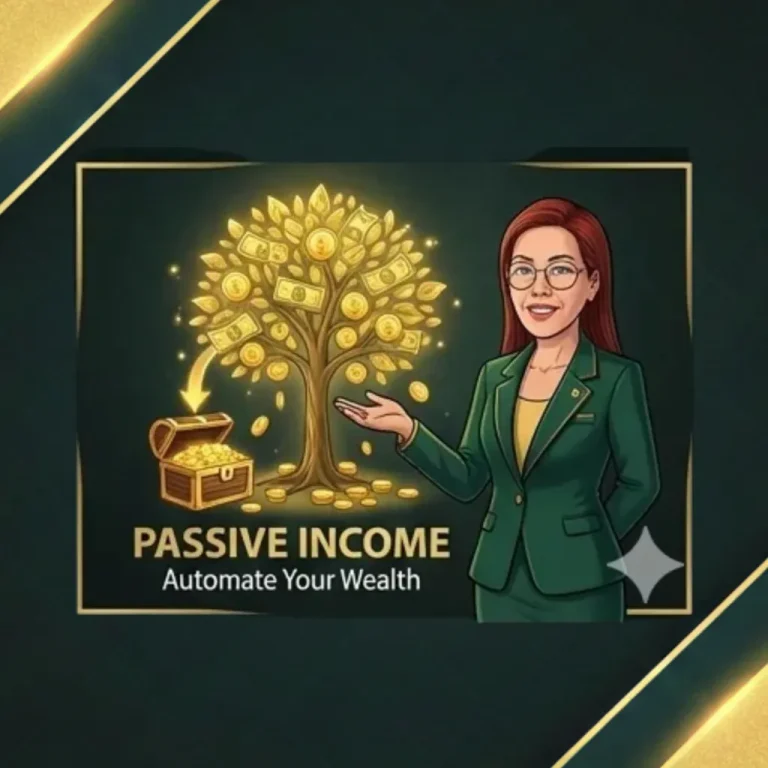 A woman in a green suit gestures towards a golden tree filled with money, promoting the concept of passive income and wealth automation.