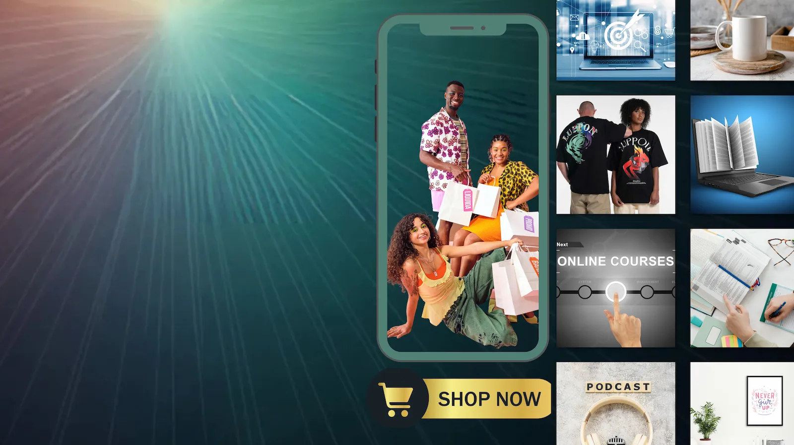 A group of friends with shopping bags is showcased inside a smartphone, surrounded by various digital learning and shopping icons.