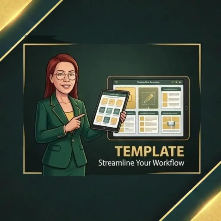 A businesswoman in a green suit points at a tablet displaying templates, promoting streamlined workflows in a professional setting.