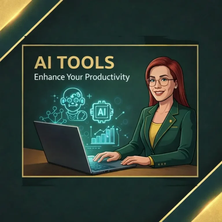 A professional person in a green blazer works on a laptop, with graphics illustrating AI tools and productivity strategies in the background.