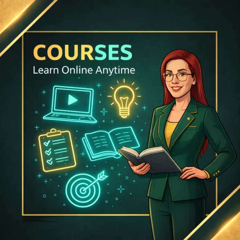 A woman in a green suit holds an open book, surrounded by icons representing online learning, including a laptop, lightbulb, and checklist.
