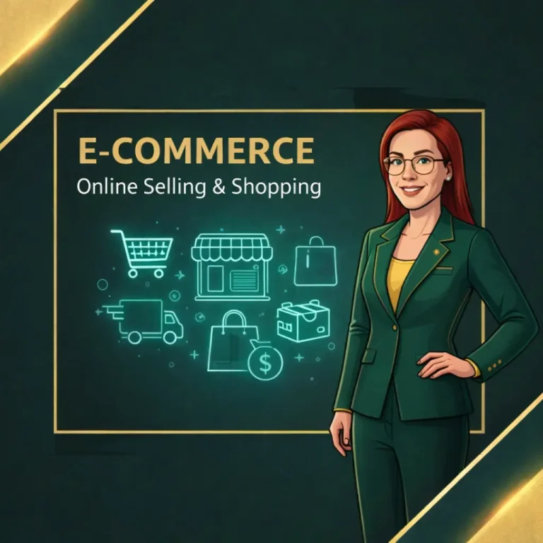 A professional woman in a green suit stands beside a graphic displaying e-commerce icons, emphasizing online selling and shopping.
