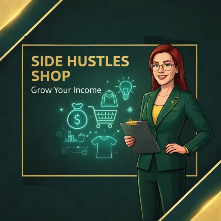 Side hustles and a businesswoman in a green suit holding a clipboard, with a backdrop featuring icons of money, shopping, and innovation.