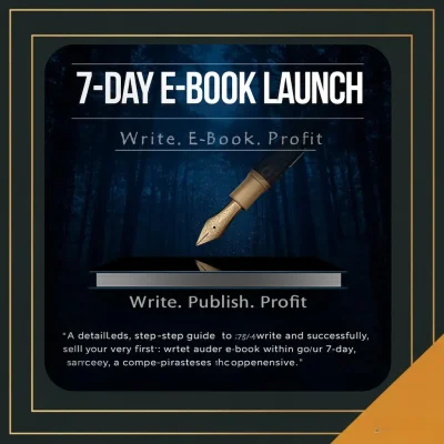 Promotional graphic for a 7-day e-book launch program featuring a pen and book, emphasizing writing, publishing, and profiting.