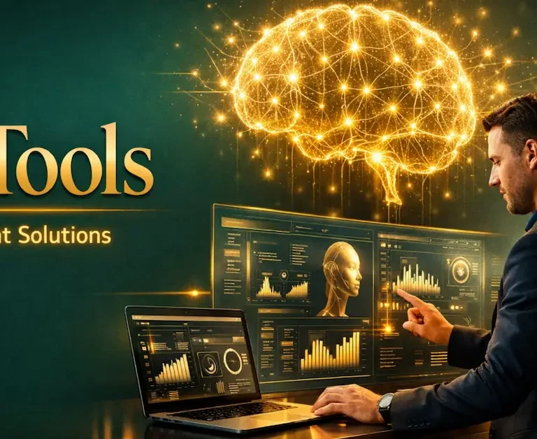 A person interacts with digital screens displaying AI tools and data visualizations against a glowing, futuristic background.