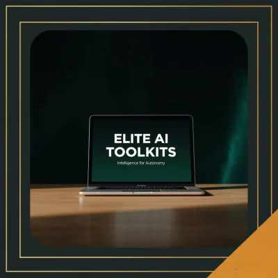 A laptop featuring "ELITE AI TOOLKITS" on screen, with a subtitle "Intelligence for Autonomy," set against a dark background.
