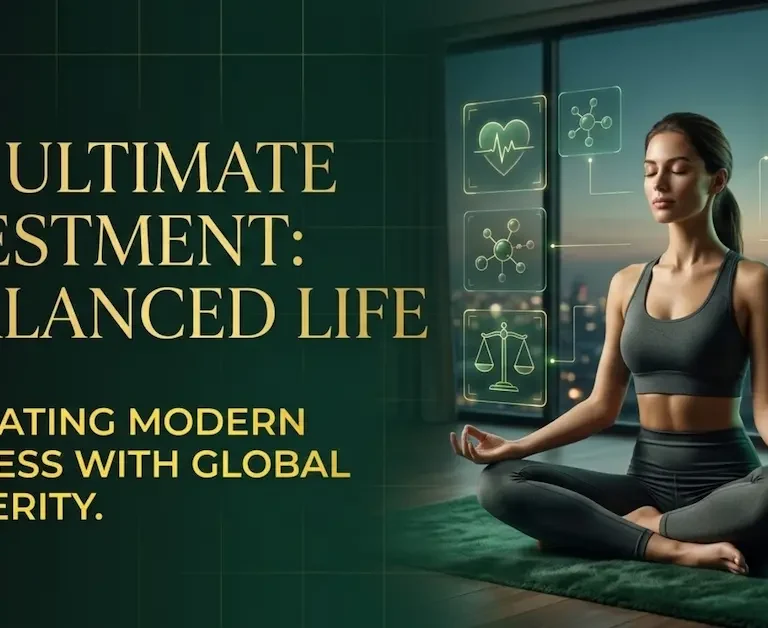 A person meditating in a modern room with digital wellness and financial graphics displayed on the walls, promoting a balanced life.