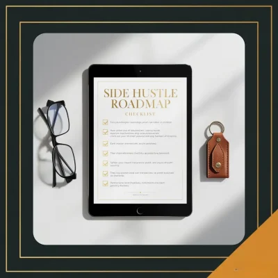 A tablet displays a "Side Hustle Roadmap" checklist, accompanied by glasses and a keychain, all on a stylish background.