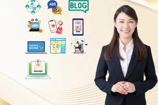 A woman in a blue shirt gestures towards various digital marketing icons, including ads, blogging, e-books, and passive income, representing the opportunities available through Freelance2Retire for building a successful online income.