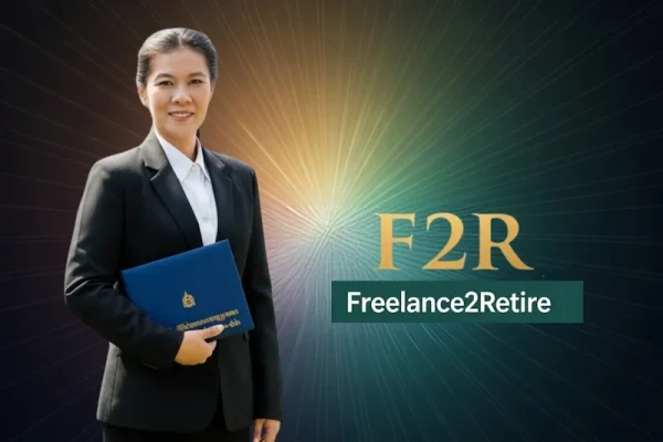 A person in business attire holds a blue folder, with a colorful abstract background and the text "F2R" and "Freelance2Retire" prominently displayed.