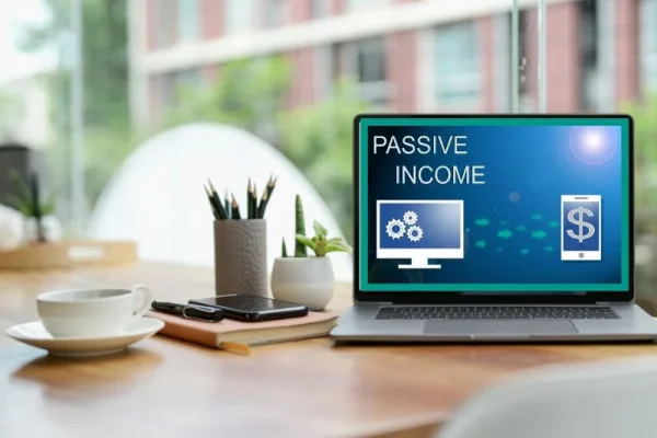 E-commerce, Passive Income Shop: A woman with glasses rests her head on a pile of money, framed by a computer monitor, against a blue background with 'Passive Income' text, symbolizing Freelance2Retire’s mission for financial freedom.