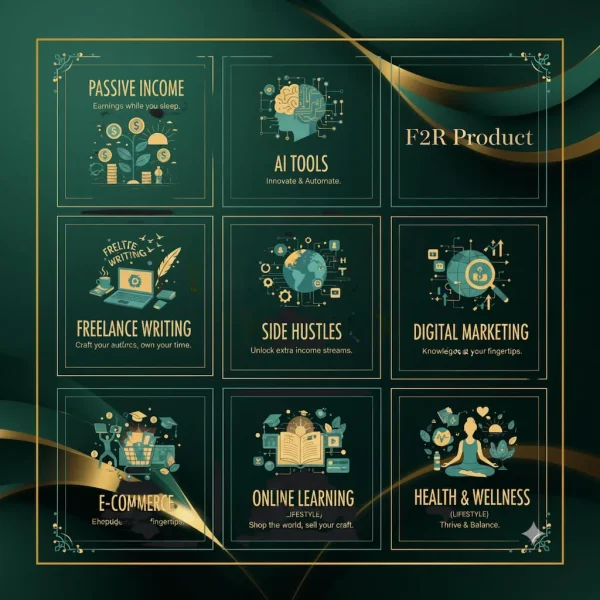 A screenshot of a website featuring various topics related to passive income such as freelance writing, digital marketing, e-commerce, and online learning. The layout includes colorful graphics and headings that promote innovation and automation tools, encouraging users to unlock extra income streams.
