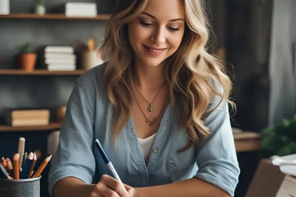 reelance writing jobs for beginners – A person in a blue shirt writes in a notebook, surrounded by stationery and plants, with a cozy interior in the background.