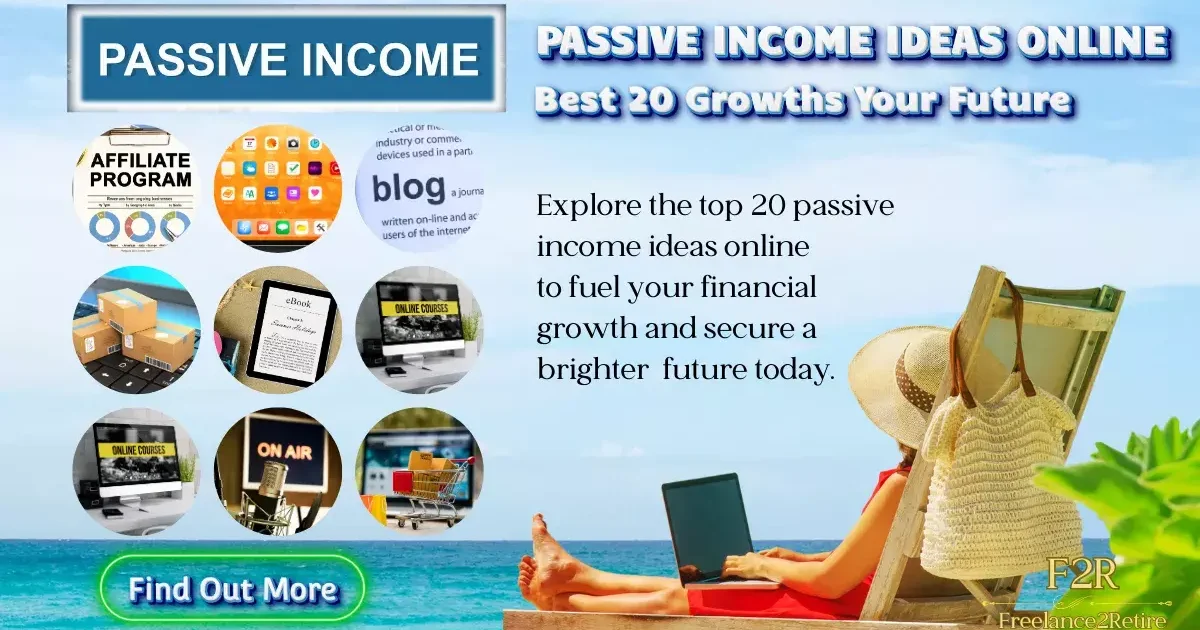 An individual relaxes by the beach with a laptop, surrounded by icons representing online passive income ideas and financial growth.