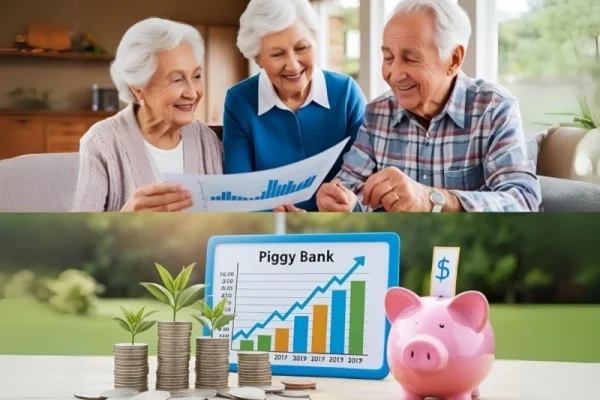 Couple analyzing a financial growth chart with piggy banks showing upward trends and coins scattered on the table, illustrating Freelance2Retire’s focus on smart savings and financial planning for retiremen