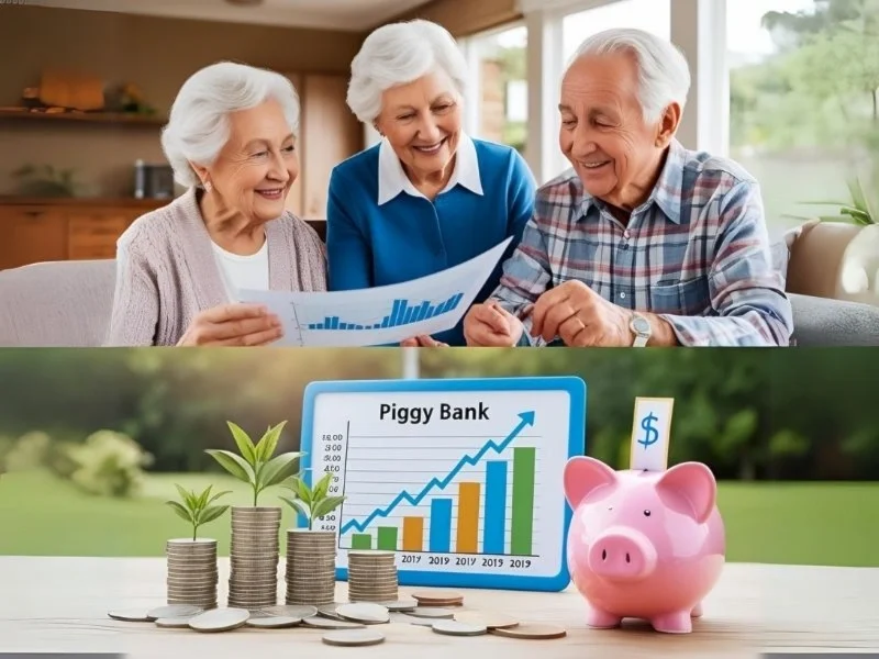 Couple analyzing a financial growth chart with piggy banks showing upward trends and coins scattered on the table, illustrating Freelance2Retire’s focus on smart savings and financial planning for retiremen