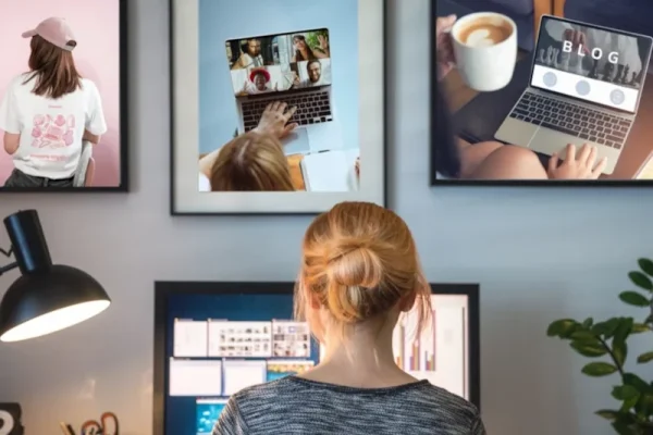 Person with bun hairstyle sitting at a desk, looking at a monitor, with framed images of remote workers on laptops on the wall, representing Freelance2Retire's work-from-home lifestyle